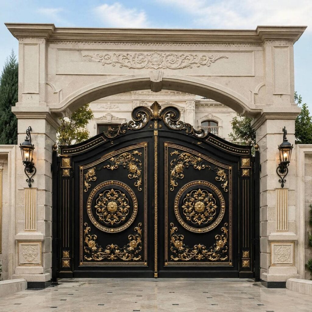 درب حیاط مشکی طلایی فرفورژه کلاسیک در خرم آباد